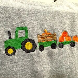 Embroidered fall shirt! Gray Shirt with Green Tractor and Orange Pumpkins